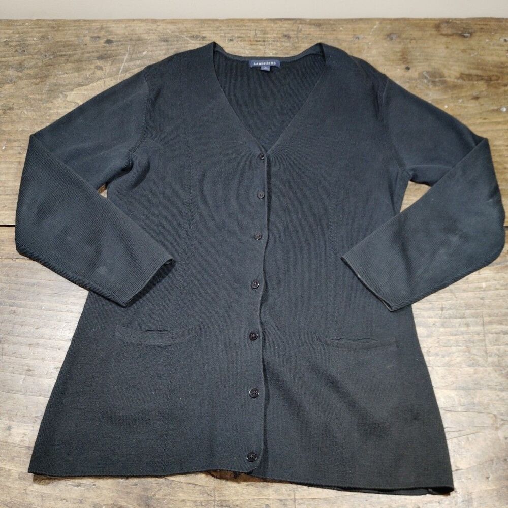 Lands' End Medium 10-12 Cardigan Sweater Black Button Front Pockets Classic